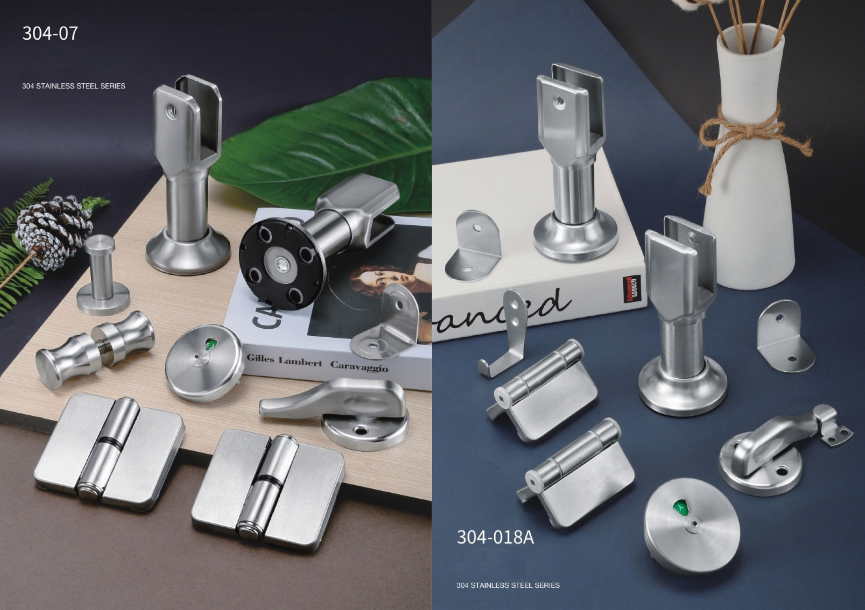 Stainless steel toilet partition hardware system including hinges, locks, support legs and connectors for commercial restroom cubicles